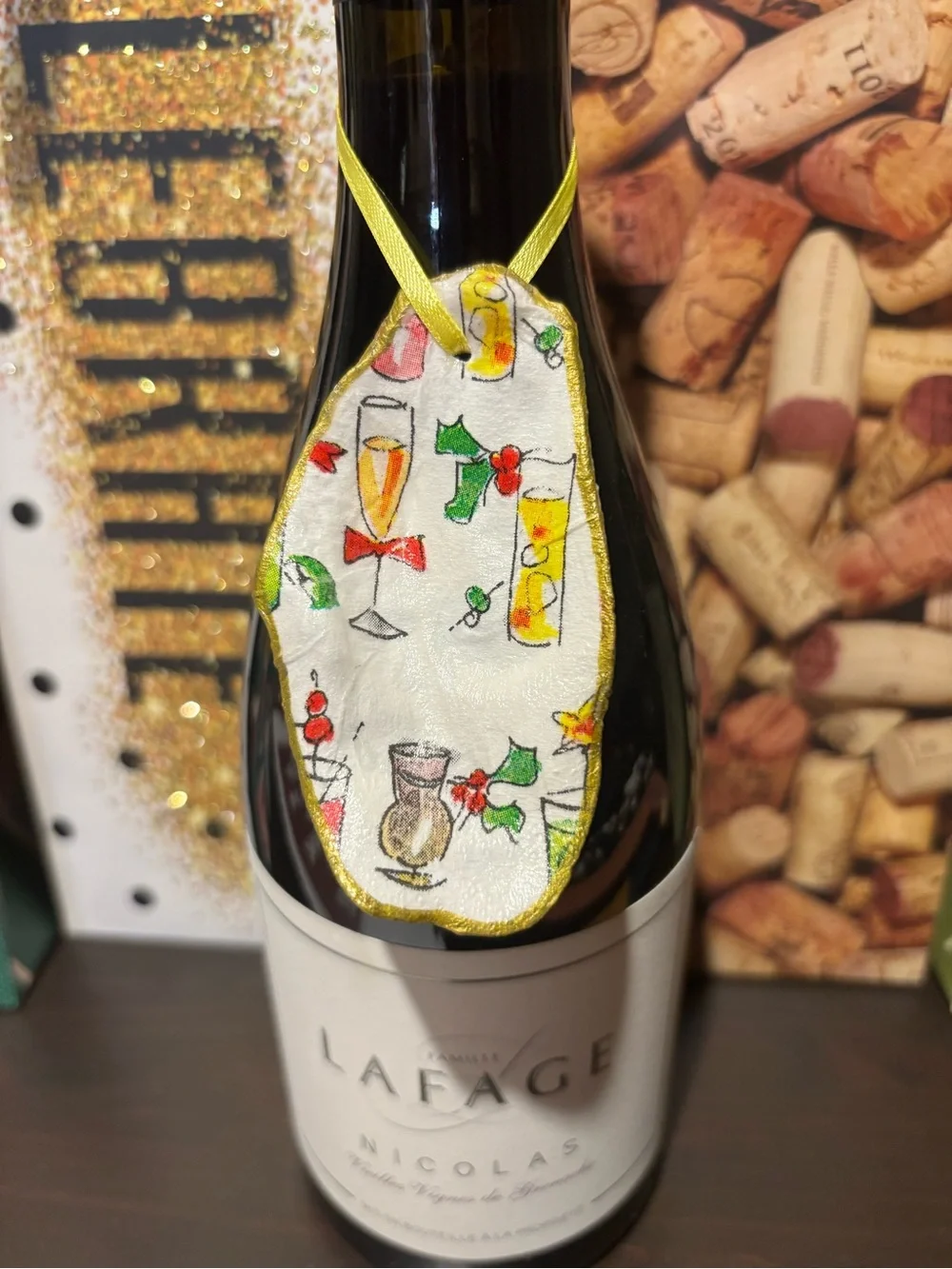 Handmade holiday cocktail theme decoupage shell ornament